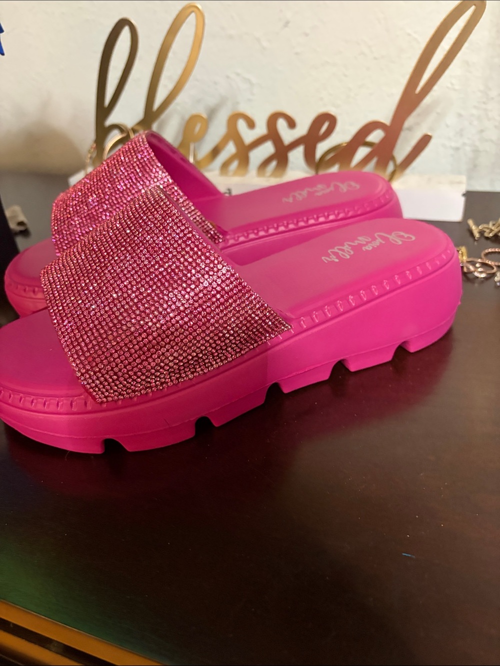 Olivia Miller Hot Pink Crystal Slide Sandals - Picture 6 of 7
